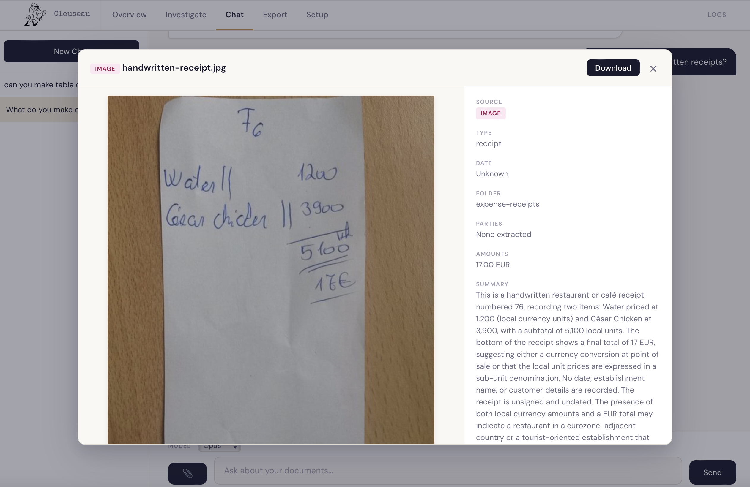 A handwritten Chinese receipt parsed into a structured summary.
